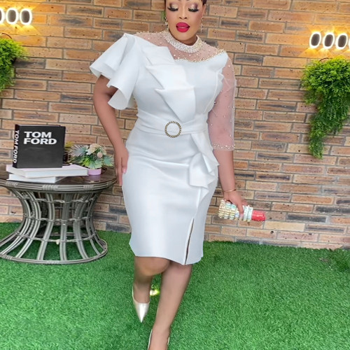 Individualized and Asymmetric Style Dress Elegant Standing Neck Beaded Wrapped Hip Skirt