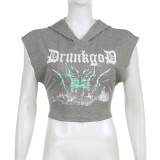 Letter Printing Featured Sleeveless Open Umbilical Short Hooded Top T-shirt