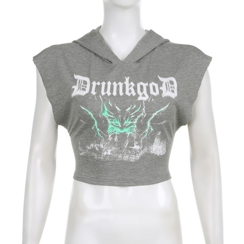 Letter Printing Featured Sleeveless Open Umbilical Short Hooded Top T-shirt