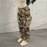 Women's personalized splashed ink camouflage street work pocket splicing straight woven casual pants