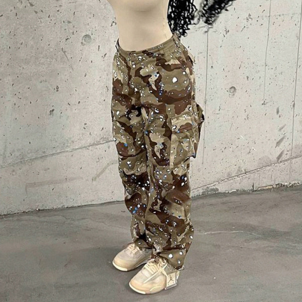Women's personalized splashed ink camouflage street work pocket splicing straight woven casual pants
