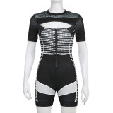 Women's polka dot striped printed hollow zipper panel tight jumpsuit