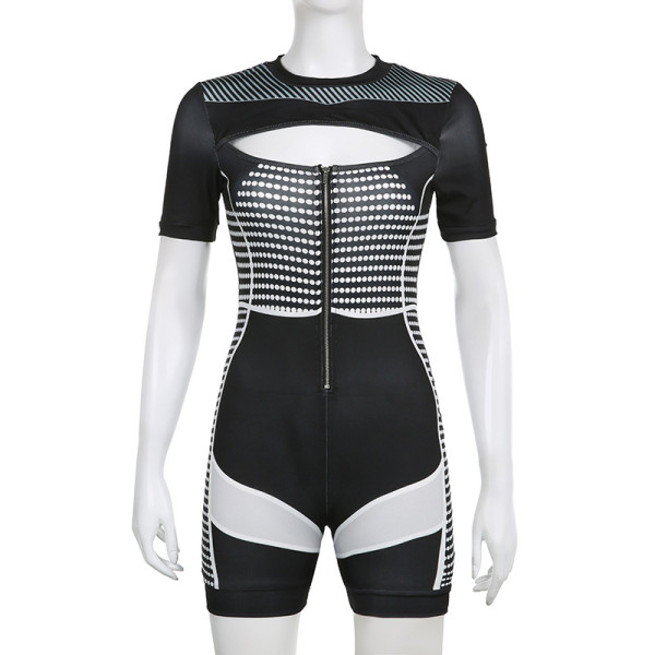 Women's polka dot striped printed hollow zipper panel tight jumpsuit