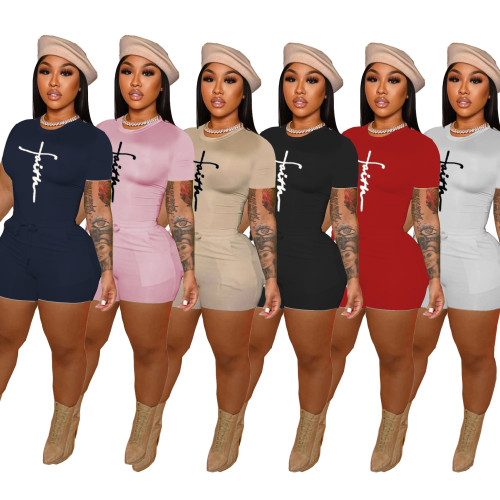 Women's Fashion Letter Printing Casual Short Two Piece Set