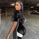 Women's polka dot striped printed hollow zipper panel tight jumpsuit
