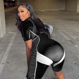 Women's polka dot striped printed hollow zipper panel tight jumpsuit