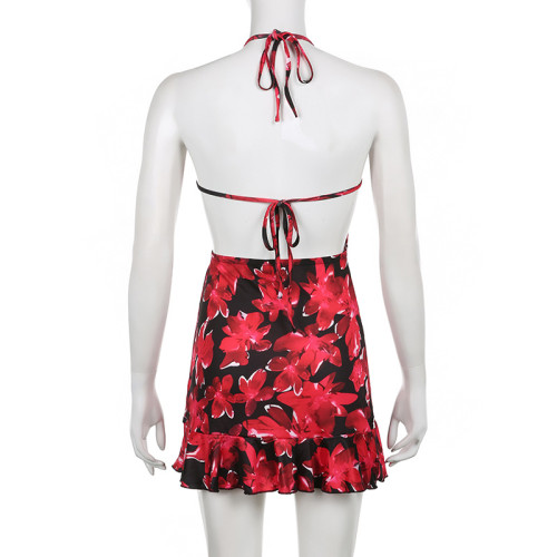 Printed backless sexy vacation wind lotus leaf edge hanging neck tie up dress