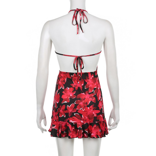 Printed backless sexy vacation wind lotus leaf edge hanging neck tie up dress