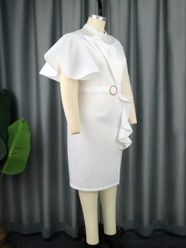 Individualized and Asymmetric Style Dress Elegant Standing Neck Beaded Wrapped Hip Skirt