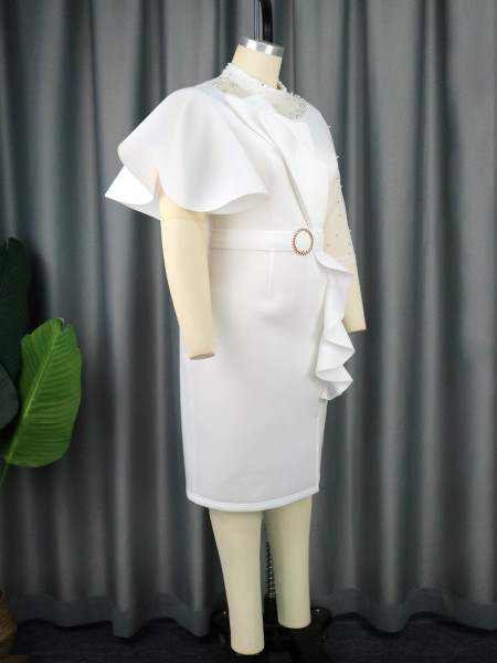 Individualized and Asymmetric Style Dress Elegant Standing Neck Beaded Wrapped Hip Skirt