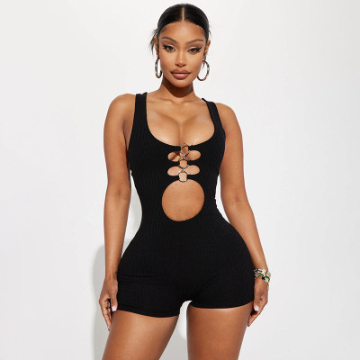 Sexy and distinctive hollowed out circular patchwork tight tank top jumpsuit shorts