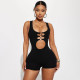 Sexy and distinctive hollowed out circular patchwork tight tank top jumpsuit shorts