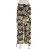 Women's personalized splashed ink camouflage street work pocket splicing straight woven casual pants