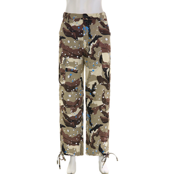 Women's personalized splashed ink camouflage street work pocket splicing straight woven casual pants
