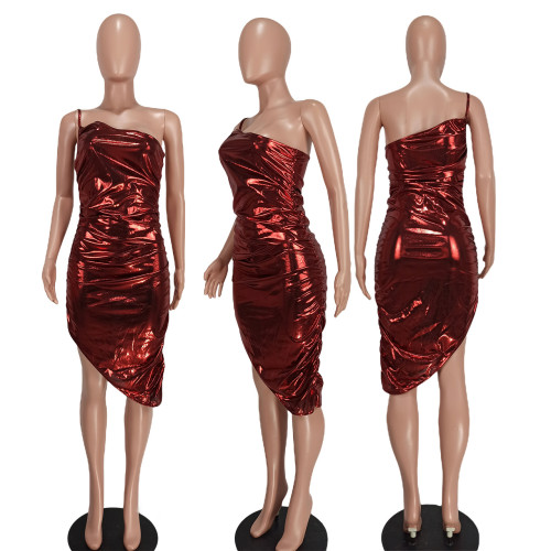 Sexy and fashionable one shoulder drawstring wrinkled dress