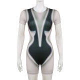 Women's distinctive three-dimensional printed color contrast tight elastic round neck sexy casual jumpsuit shorts
