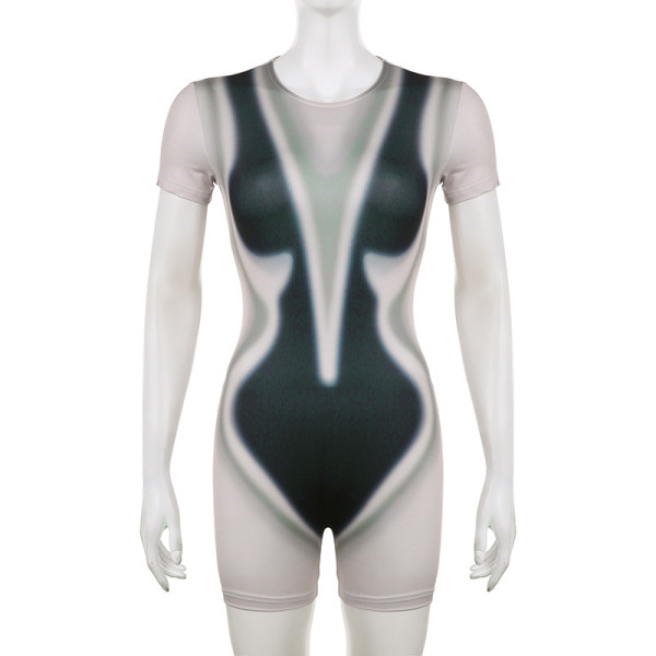 Women's distinctive three-dimensional printed color contrast tight elastic round neck sexy casual jumpsuit shorts