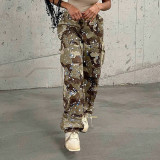 Women's personalized splashed ink camouflage street work pocket splicing straight woven casual pants