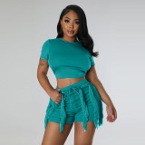 Women's short sleeved vest with drawstring tassel shorts and pants two-piece set