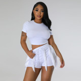 Women's short sleeved vest with drawstring tassel shorts and pants two-piece set