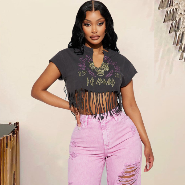 Exposed Umbilical Tassel Print Short Sleeve