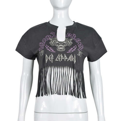 Exposed Umbilical Tassel Print Short Sleeve