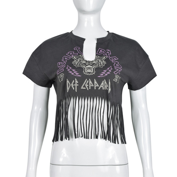 Exposed Umbilical Tassel Print Short Sleeve