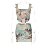 Personalized Portrait Print Slim Fit Fish Bone Tank Top Half Skirt Two Piece Set