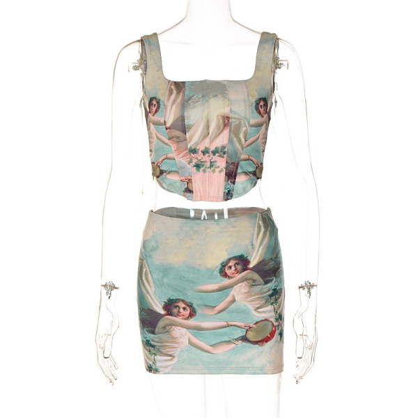 Personalized Portrait Print Slim Fit Fish Bone Tank Top Half Skirt Two Piece Set