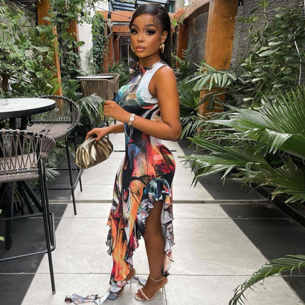 Abstract Printed Pattern Round Neck Sleeveless Ruffled Midlength Dress