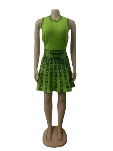 Fashionable round neck sleeveless pleated dress for women's knitted printing