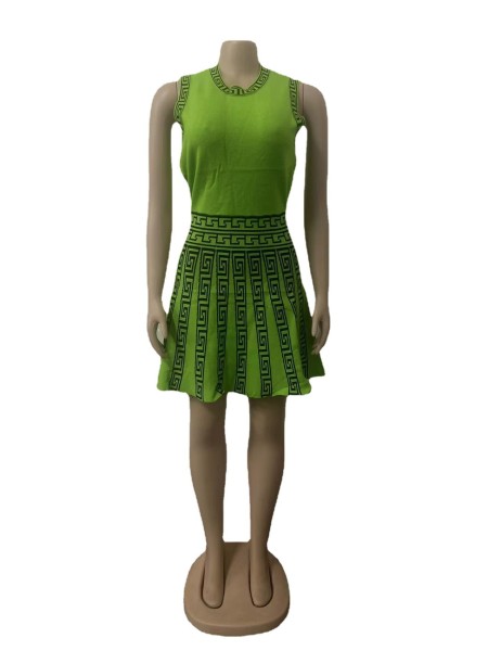 Fashionable round neck sleeveless pleated dress for women's knitted printing