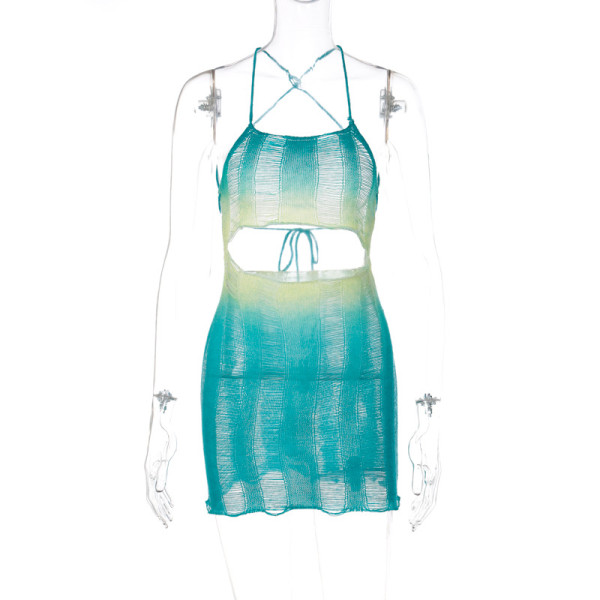 One line neck sexy open back color matching woolen knit dress