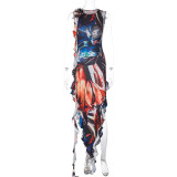 Abstract Printed Pattern Round Neck Sleeveless Ruffled Midlength Dress