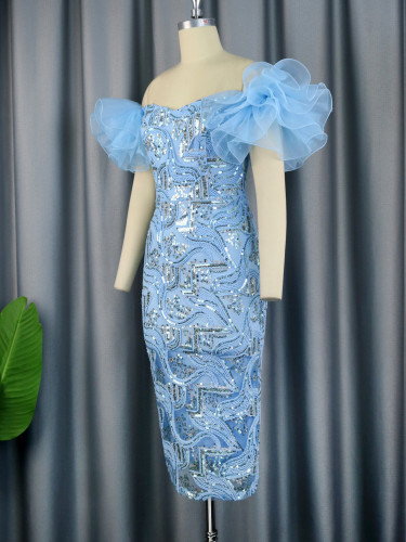 Yarn mesh stitching sleeveless dress, party cocktail party, one shoulder sexy dress dress