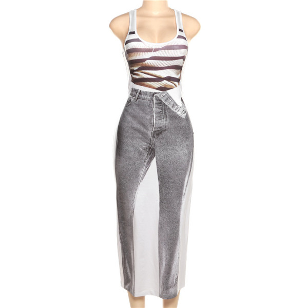 Women's fashion digital denim 3D printing sleeveless U-neck low cut high waisted dress