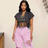 Exposed Umbilical Tassel Print Short Sleeve