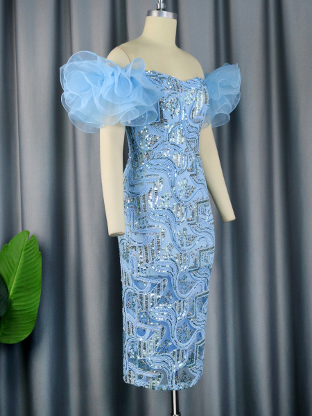 Yarn mesh stitching sleeveless dress, party cocktail party, one shoulder sexy dress dress