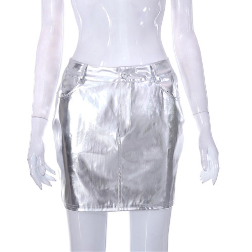 Personalized street PU leather patchwork short skirt trendy metallic high waisted skirt