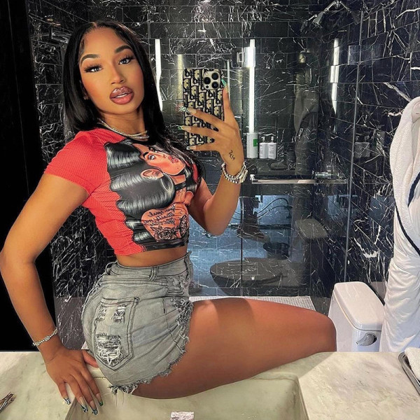 Personalized printed color contrast fashion open navel T-shirt