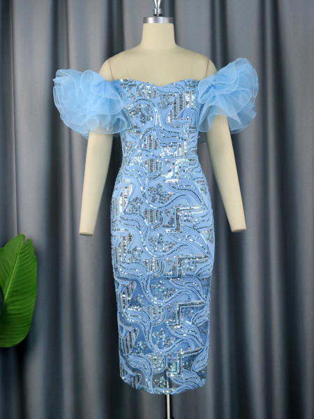 Yarn mesh stitching sleeveless dress, party cocktail party, one shoulder sexy dress dress