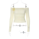 Off Shoulder Long Sleeve Tight Pleated T-shirt Top with Off Neck