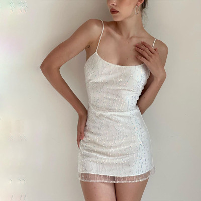 Sexy One Line Neck Fashion Sequin Mesh Suspender Wrap Hip Dress
