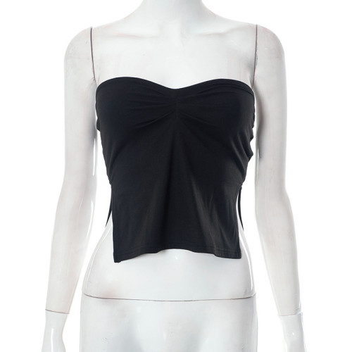 Solid Square Neck Strap Pleated Open Back Tank Top T-shirt