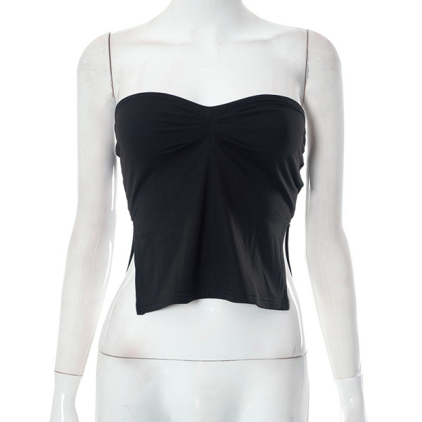 Solid Square Neck Strap Pleated Open Back Tank Top T-shirt