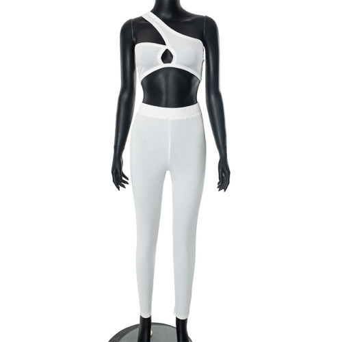 Solid color tight sloping shoulder top and pants sports casual set