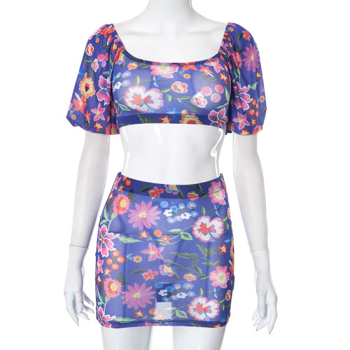 Mesh Splice Bubble Sleeve Wrap Chest Top Short Skirt Casual Set