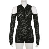Women's flocked mesh round neck zipper sleeveless tight and simple with sleeves, featuring jumpsuit shorts