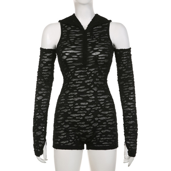 Women's flocked mesh round neck zipper sleeveless tight and simple with sleeves, featuring jumpsuit shorts
