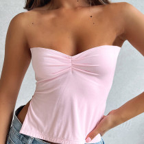 Solid Square Neck Strap Pleated Open Back Tank Top T-shirt